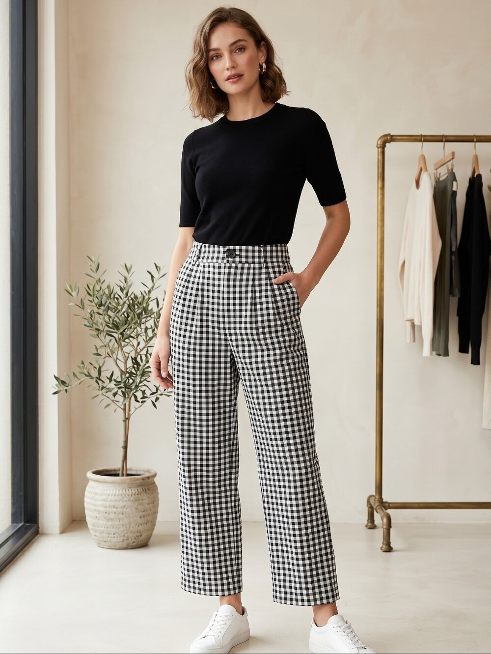 NEW! Boutique Black and White Gingham Straight-Leg Pants-Ankle